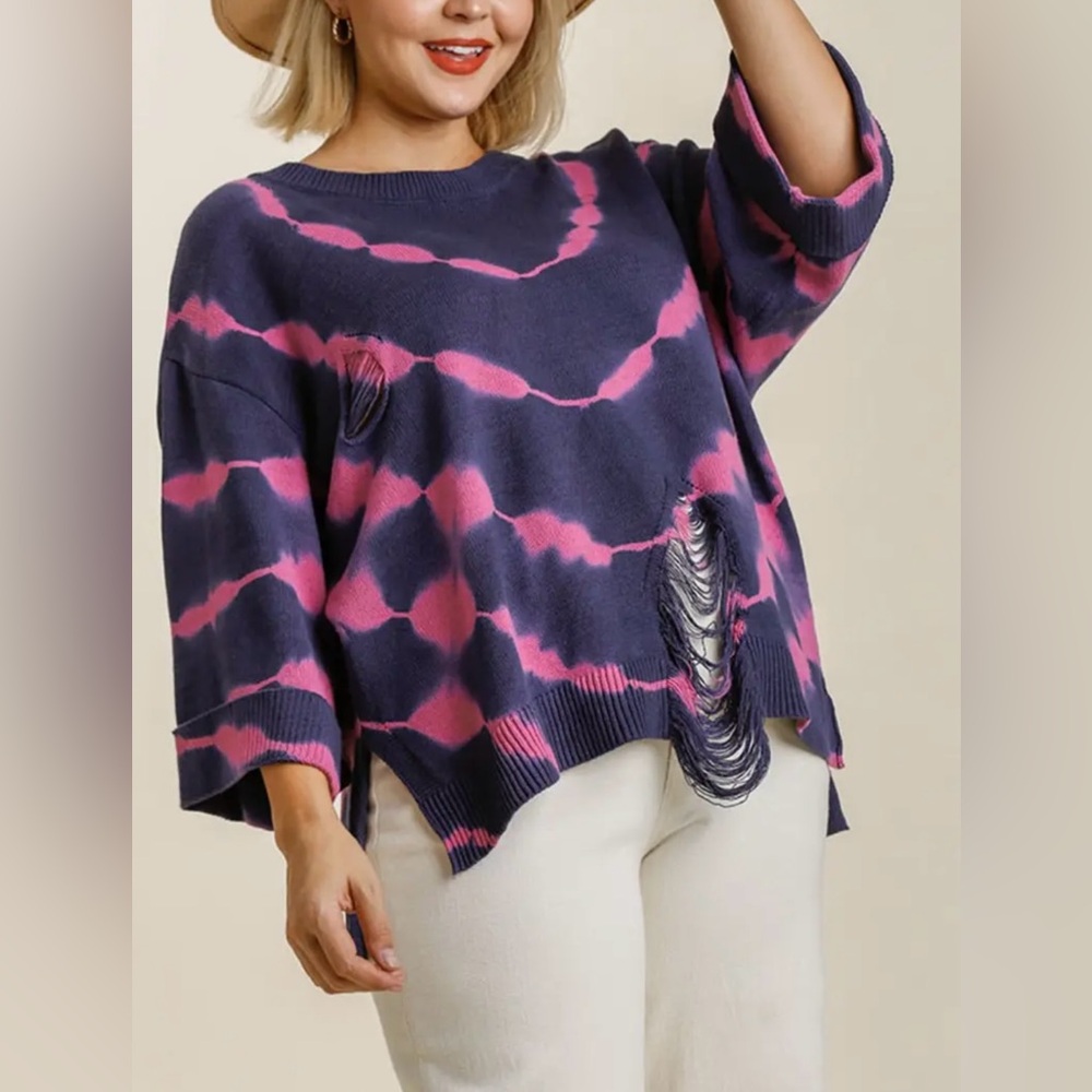 Oversized Tie-Dye Distressed Striped Sweater
